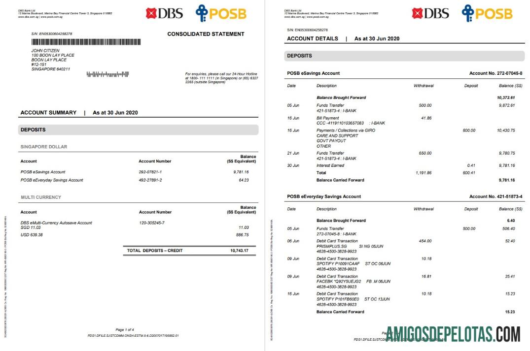 Modelo de comprovante de endereço do banco Singapore DBS em branco em formato Word e PDF, 4 páginas